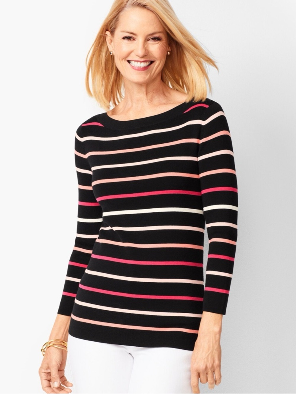TALBOTS Classic Bateau-Neck Sweater - Stripe - BLACK MULTI 1X